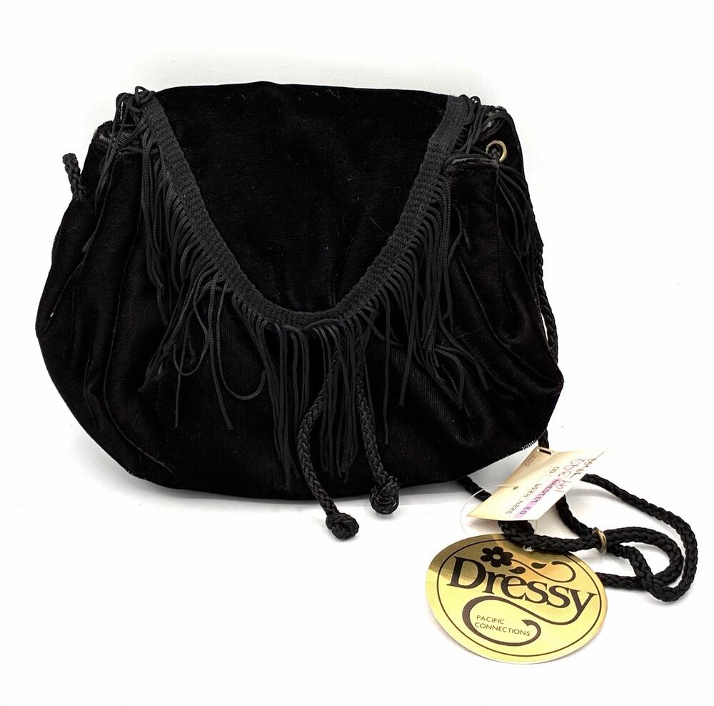 Vintage Dressy Black Velvet Fringe Drawstring Evening Purse NOS 8”